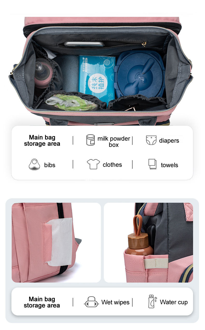 Baby Diapers Bag Backpack Portable Foldable Travel Bed Large Capacity USB Port
