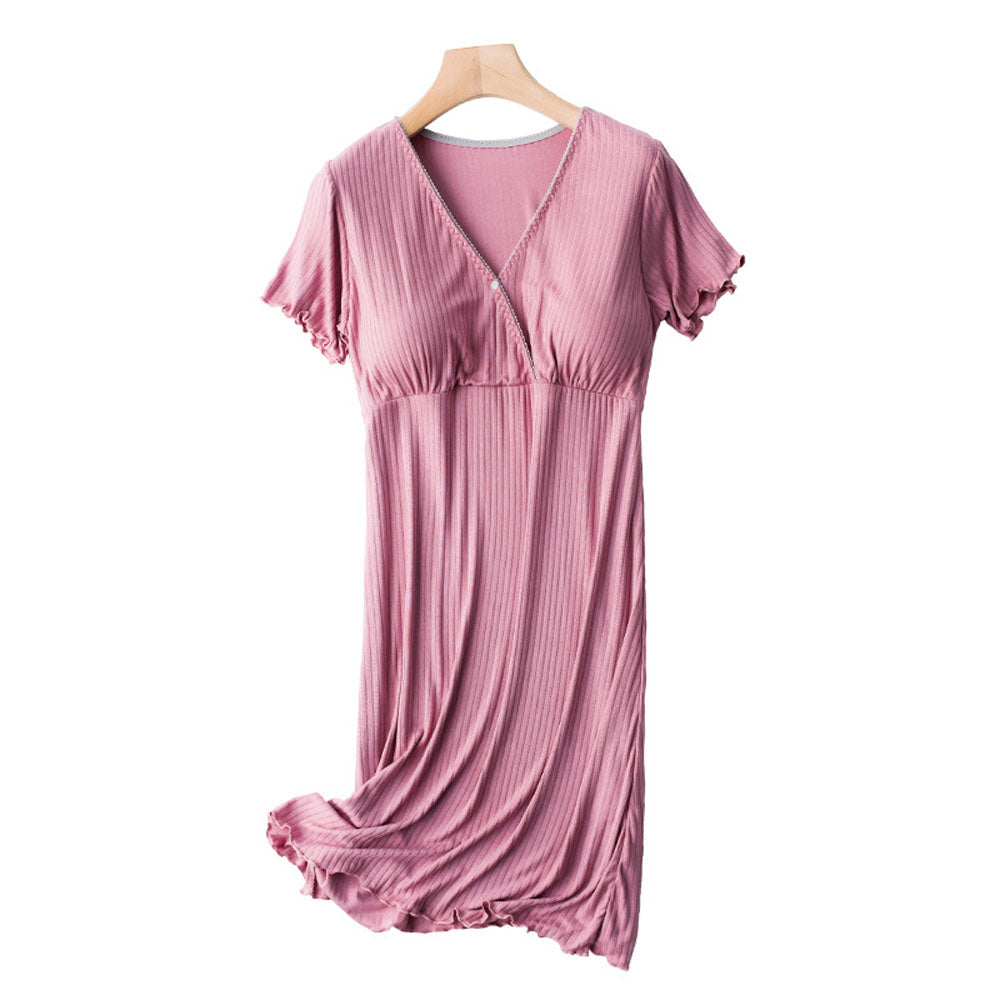 Stretchable Button-Front Nightdress Front Opening Design Button-Down Access