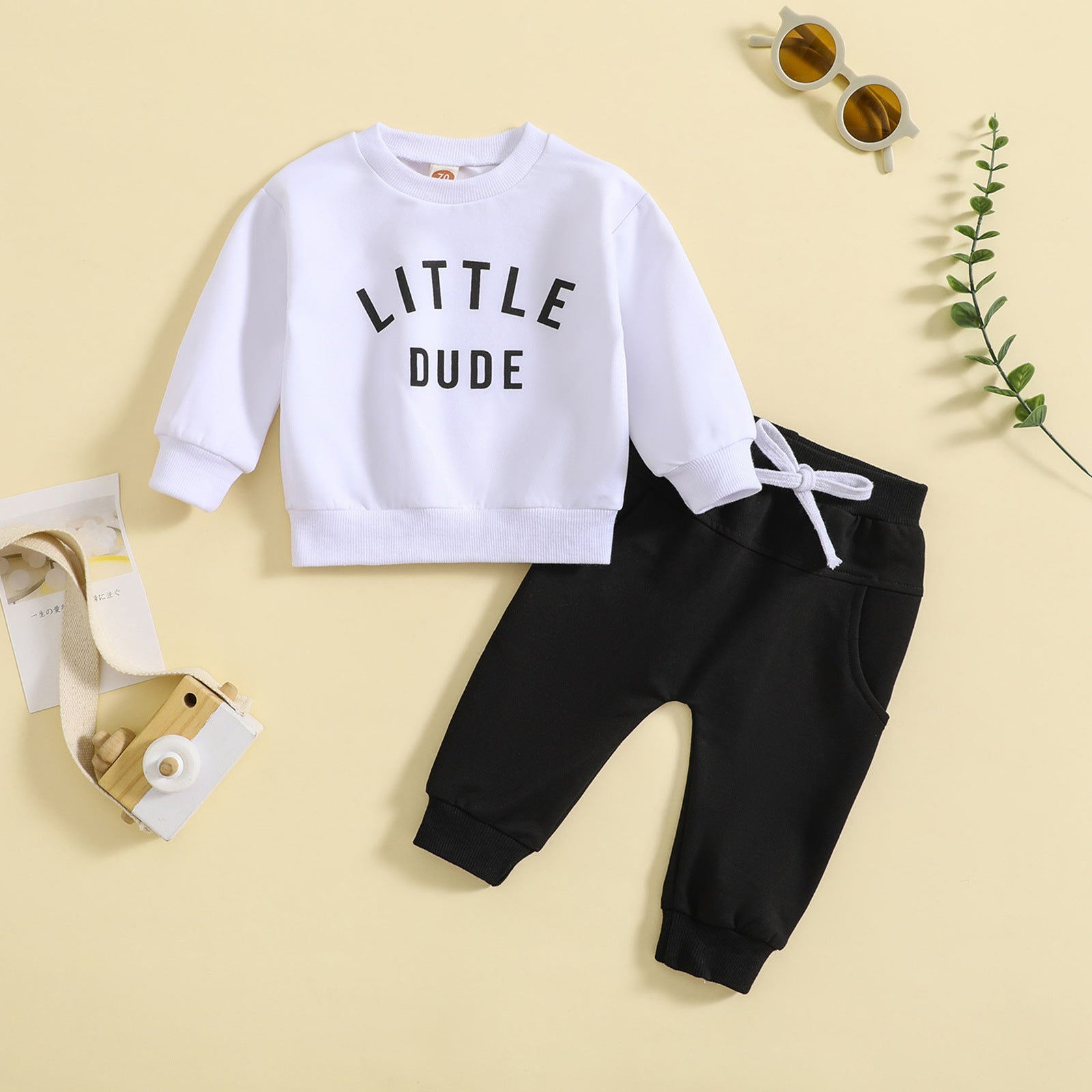 Children's Baby round neck letter print top solid color trousers two-piece set