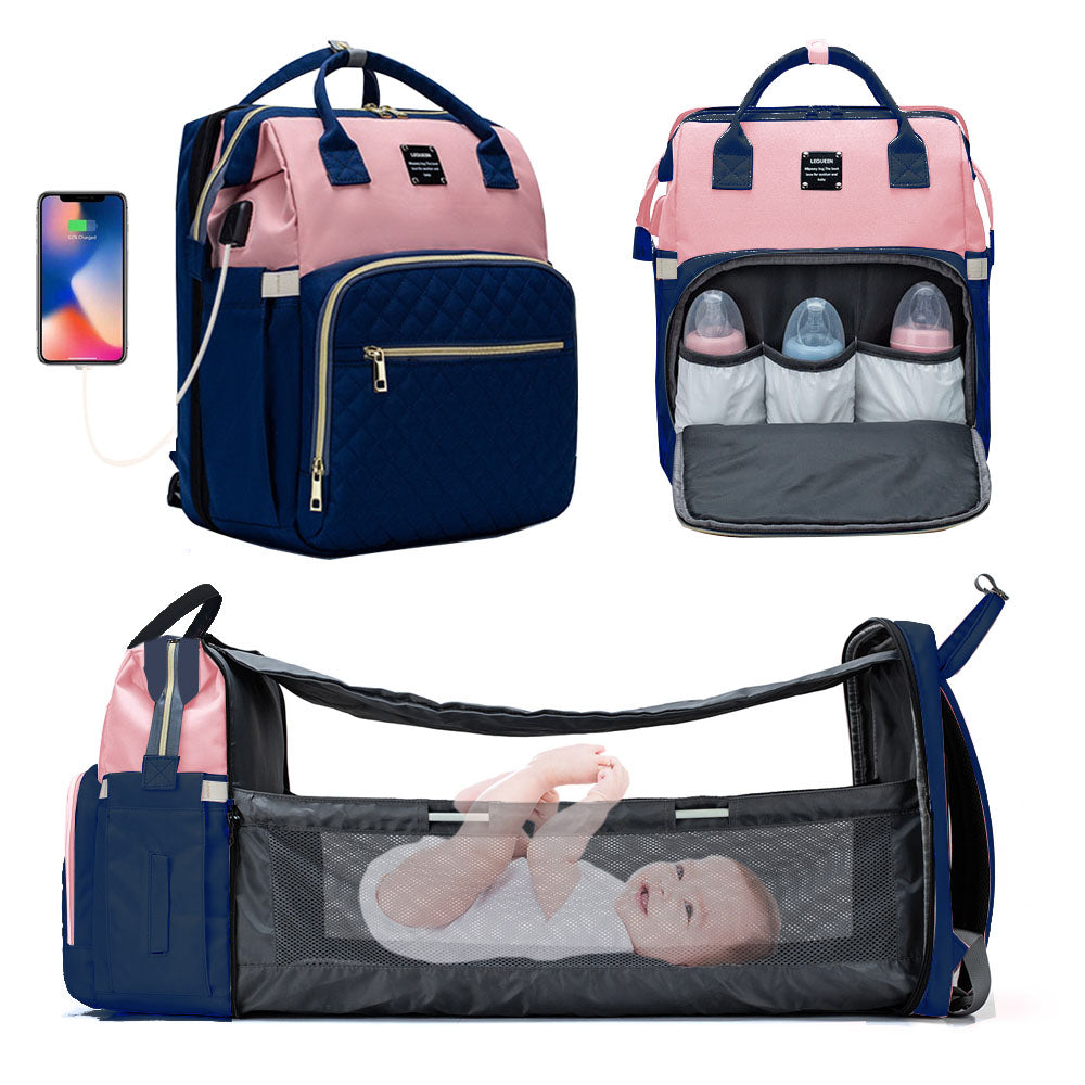 Baby Diapers Bag Backpack Portable Foldable Travel Bed Large Capacity USB Port